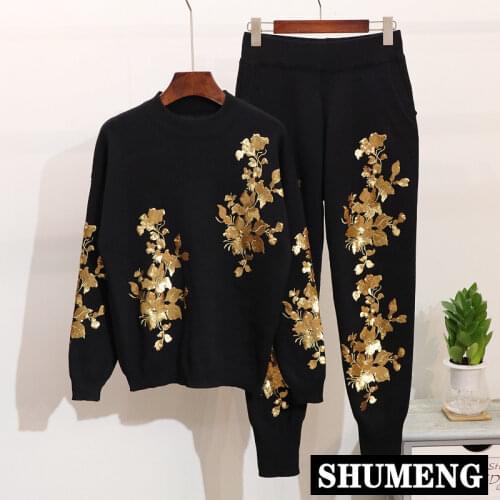 Knit 2 Piece Clothing Sets Women Retro Gold Leaf Disc Flower Embroidery Pullover Sweater Sequins Pants Casual Sweater Set