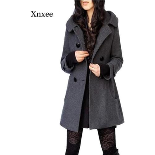 Gray hooded coat long elegant england style Womens Winter Double Breasted Wool Blend Long Coat with Hood casual solid