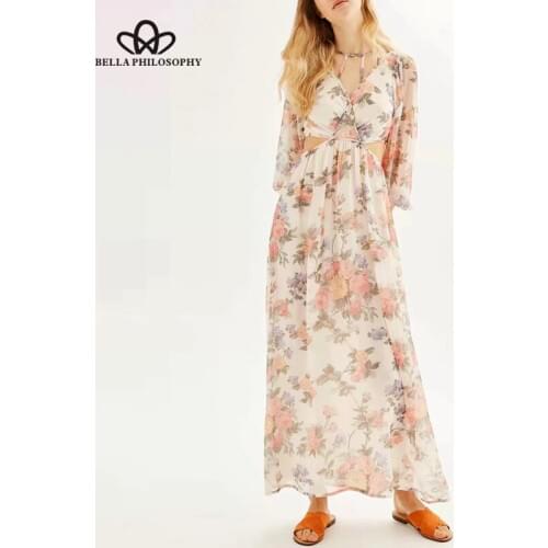 Bella Philosophy 2018 new fashion women print dress leak waist long print dress sweet sexy casual floral female print dress