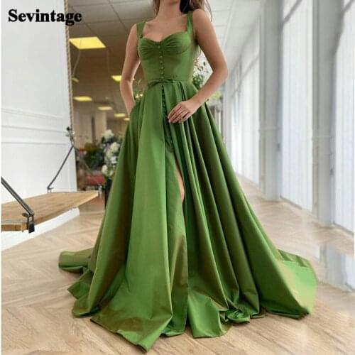 Sevintage Elegant Green Prom Dresses High Slit Top Buttons Evening Dresses Sweetheart Pleats A-line Long Party Gowns 2021