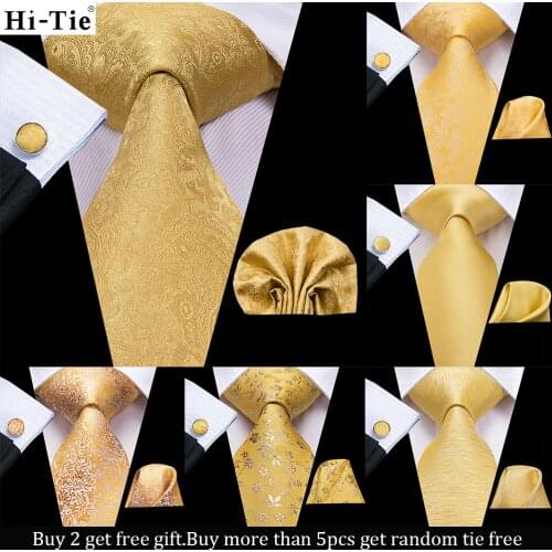 Hi-Tie Designer Yellow Solid Paisley Silk Wedding Tie For Men Hanky Cufflink Gift Mens Necktie Gravata Set Business Dropshipping