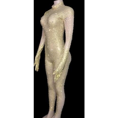 3 Colors Stones With Gloves Jumpsuit Birthday Celebrate Mesh Wear Evening Sexy Dance Female Singer See Through Costume