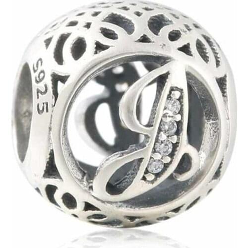 LE16J 925 Sterling Silver Openwork Letter J Charm Vintage Alphabet Beads For Jewelry Making Fit Original Brand Bracelet