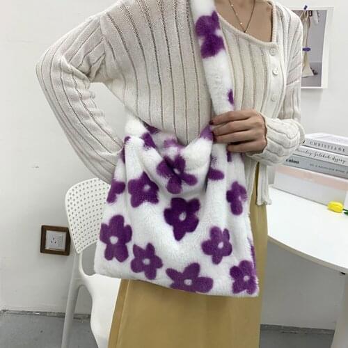 Fashion Exquisite Shopping Bag Bear Flower Print Top-handle Bag Female Autumn Winter Large Capacity Plush Tote Shoulder Handbag
