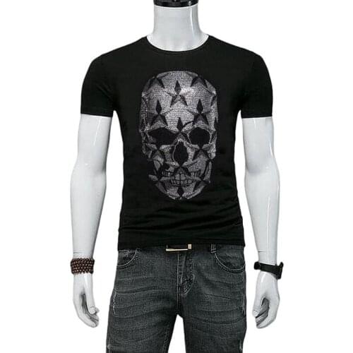 Men Rhinestones tshirt Fashion High Quality Hot drill Skull Tshirt Outwear Casual Clothing Clothes Men High Mans top tees