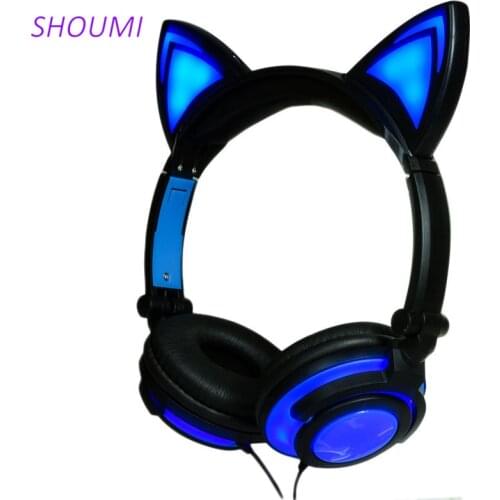 Shoumi Birthday Gift Cat Ear Headset Foldable Flashing Cute Cat Children Headphones Wired Music Earphone For Kids Birthday Party