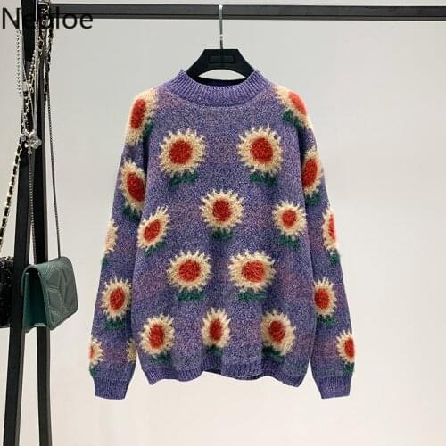 Neploe Vintage Woman Sweaters Jumper Chic Sweet Furry Sunflowe Knitted Pullovers Coat Women Oversized Outwear Pull Femme 4H168