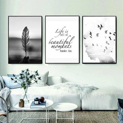 Black White Feather Abstract Woman Posters Landscape Painting Wall Art Canvas Prints Fashion Bedroom Modular Pictures Home Decor