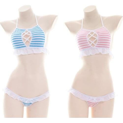 Striped Ruffle Pajamas Sexy Open chest Homewear Girls Slim Kawaii Backless Hollow Out Bandage Sleepwear Underwear Suit Cosplay
