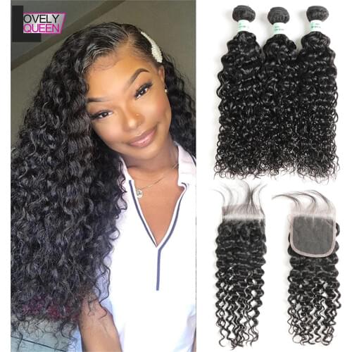 LOVELY QUEEN Water Wave Bundles With Closure Brazilian Human Hair Bundles With Closure Non Remy Hair Curly Hair Extensiion