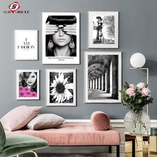 Modern Stylish Flowers Posters Prints Black White Fashion Woman Canvas Paintings Wall Art Pictures For Living Room Home Decor