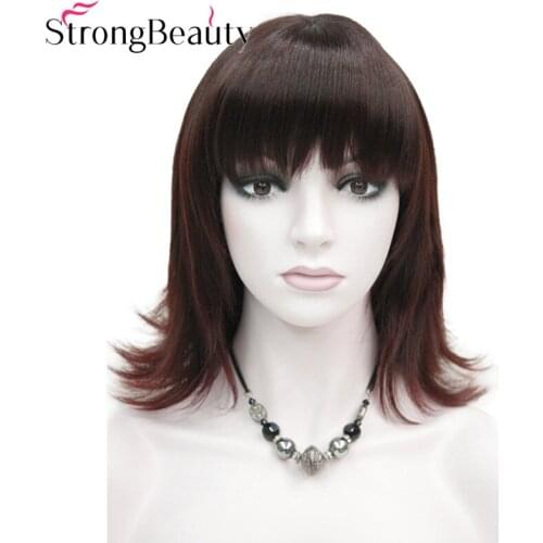 StrongBeauty Natural Wave Wig with Bang Medium Long Hair Natural Synthetic Capless Wigs For Women Many Colors