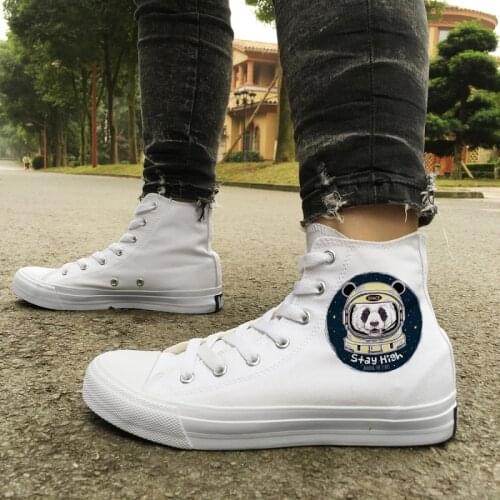 Wen Original Design Panda Astronaut Universe Spaceman Skateboarding Shoes White Boys High Top Black Girls Canvas Sneakers Flat