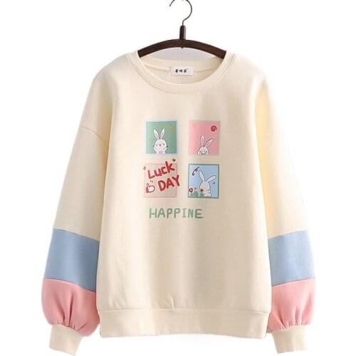 Women Sweatshirts Cartoon Rabbit Print Hoodies 2021Winter Long Sleeve O-neck Cotton Liner Pullovers Sweet Style Female Warm Tops