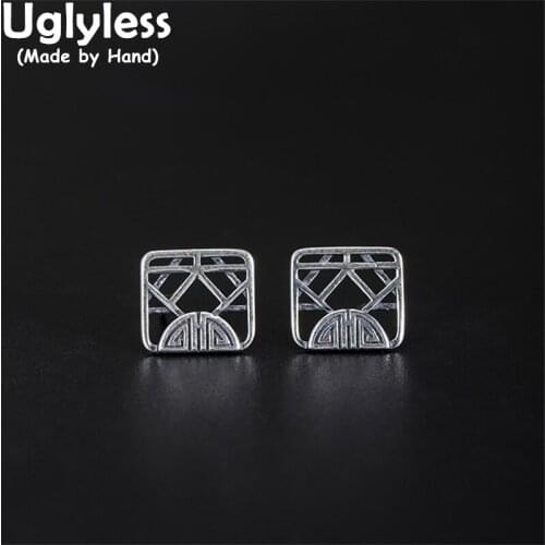 Uglyless Like a Maze Mysterious Chinese WAN Studs Earrings for Women 10MM MINI Hollow Square Earrings 925 Thai Silver Jewelry