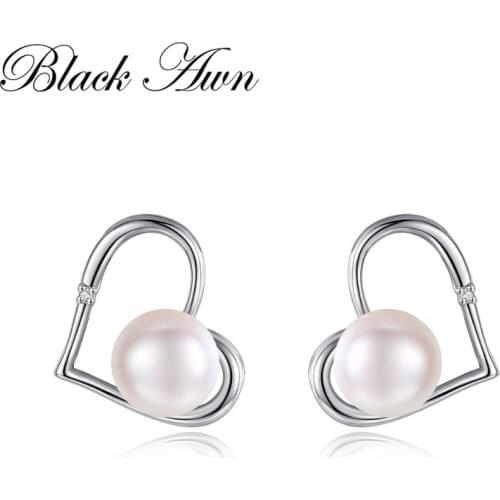 Black Awn 925 Sterling Silver Heart 10mm Pearl Earrings for Women Stud Silver Earring Pearl Jewelry 925