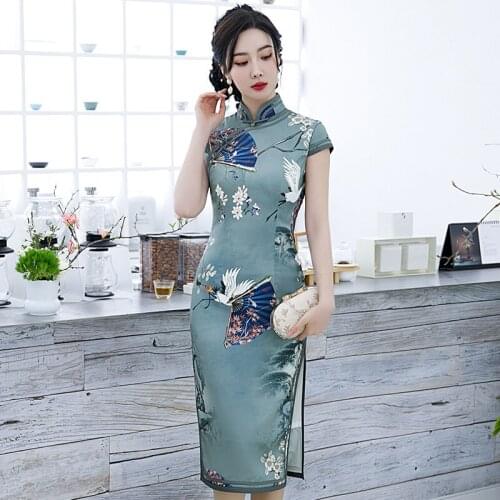 Slim Sexy Print Flower Chinese Traditional Desses Satin Oversize Classic Qipao Summer New Women Cheongsam Long Vintage Vestidos