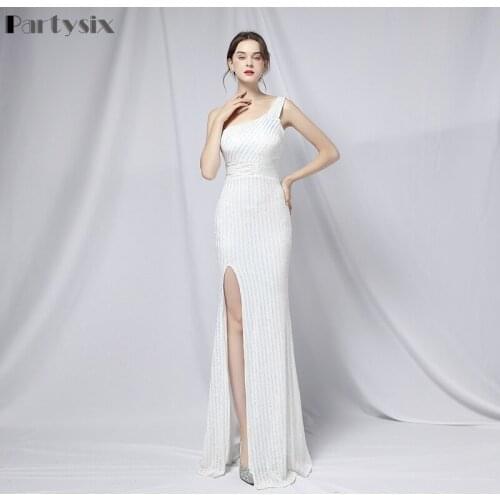 Partysix 2021 Women Irregular Neck One Shoulder Evening Party Dress Elegant Sequin Backless Female Maxi Long Dress White