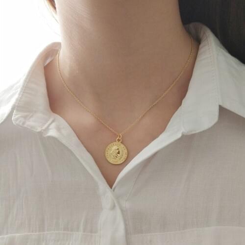 Leven Fancy Women Round Roman Carved Coin Pendant Necklace Statement 925 Sterling Silver Sequins Jewelry Gold Portrait Necklaces