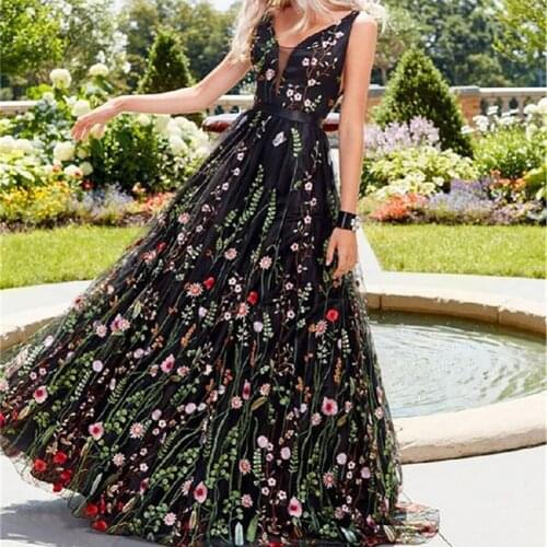Women Sexy Sleeveless Backless Deep-V Embroider Floral Print Party Maxi Dress