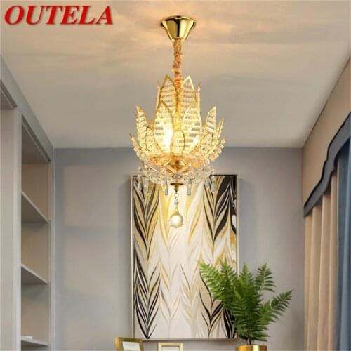 OUTELA Gold Chandelier Fixtures Modern Creative Lotus Crystal Pendant Lamp Light Home LED for Decoration