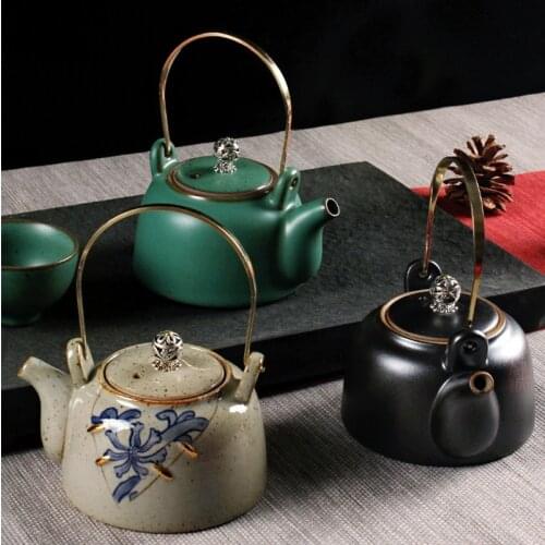 Antique Teapot Lifting Beam Pot Ceramic Retro Tea Maker Household Copper Handle Single Pot Tea Kettle Japanese Kungfu Tea Set