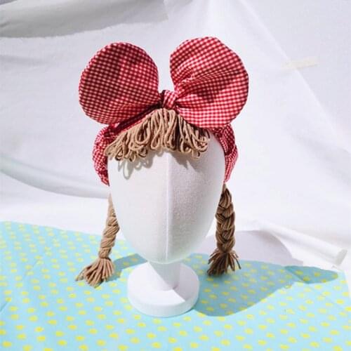 2021 Cute Hair Accessories Baby Girl Hair Pigtail Wig Hat Cap Hairpiece Newborn Children Kids Girls Plaid Bow Headbands Headwear