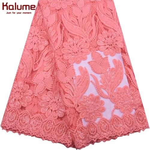 Kalume Peach African Lace Fabric Sequins French Milk Silk Lace Fabric High Quality Nigerian Tulle Lace For Party Wedding F2144