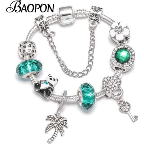 Coconut Tree Bangle Bracelests for Women with Green Crystal Charm Fine Bracelets Jewelry Anniversary Gift Pulseras Mujer