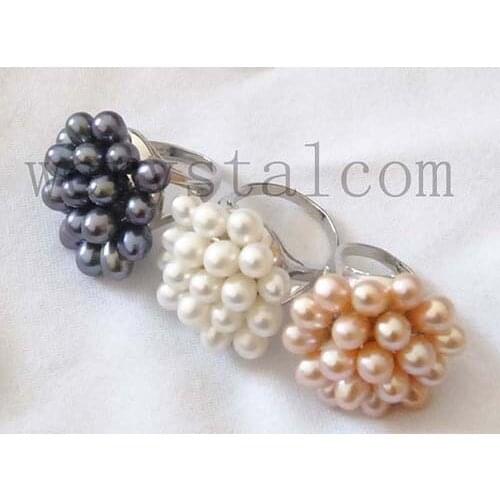 3 Pcs Genuine Real Cultured Pearls White Black Pink Rings