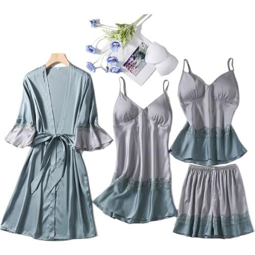 Summer Women 4PCS PJS Faux Silk Pajamas Set Lace Patchwork Robe Suit Female Kimono Gown Casual Pijamas Suit Home Dressing Gown