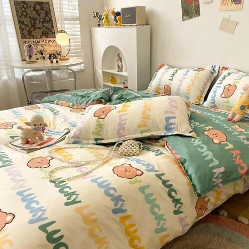 Lucky Bear Bedding Set Contains Flat Sheets Bed Linen Duvet Quilt Cover Pillowcase for Kids Girls Boys Queen Full Bed Set