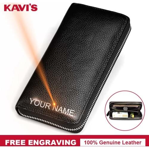 KAVIS Free Engraving Genuine Leather Long Wallet Men Coin Purse Male Clutch Walet Portomonee Handy Business Man Perse for Name