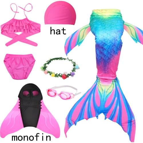 Halloween Kid Mermaid Tail Fin Swimsuit Bikini-Girls Bathing Suit Dress Cosplay Children Flipper Monofin Swim Party Costume