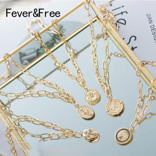Fever&Free 2019 Hot Sale Design Unisex Round Coin Necklace Geometric Irregular Portrait Pendant Necklaces Delicate Trend Jewelry