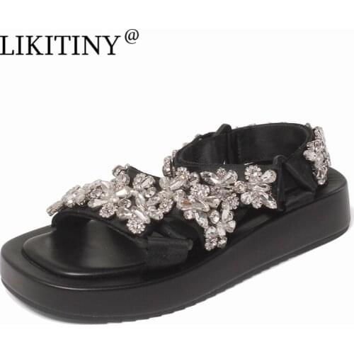 LIKITINY 2021 Summer Leisure Black casual Sandals Flat Platform Shoes Fashion strap Round toe Crystal flower Rhinestone Womens
