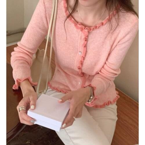 Minayoyo Outer jackets New design French soft short Pink Knitted cardigan