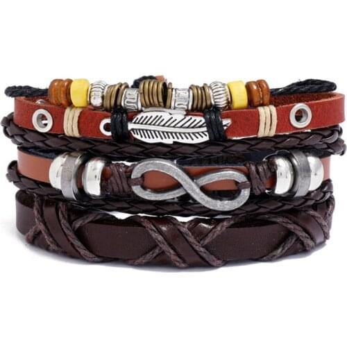 Fashion Vintage Ethnic Feather Charm Bracelet Set Multilayer Braided Leather Infinity Beads Wristbands Bangle Wrap Retro Jewelry