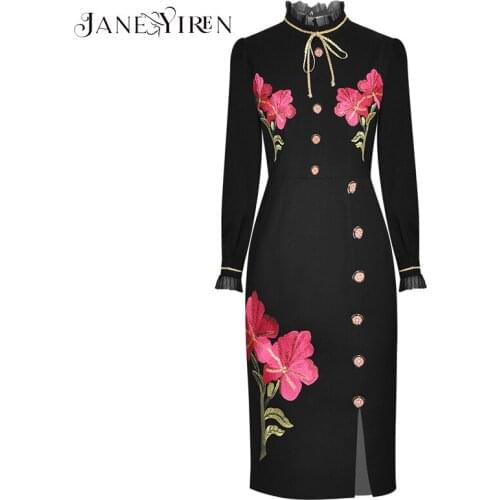 Janeyiren Fashion Designer dress Spring Autumn Womens Dress Stand collar Long sleeve Flowers Embroidery Package buttocks Dress