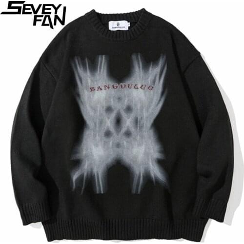 SEVEYFAN Mens Fashion Abstract Pattern Sweater Hi Street Loose Cotton Pullover Knitwear for Couples