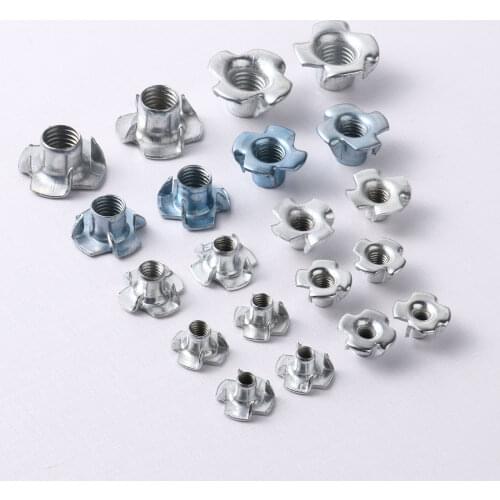 20Pcs M4 M5 M6 M8 M10 T-Nuts Kit Carbon Steel 4 Claws Nuts DIY Woodworking Fixer Soundproof Nut Fasteners for Furniture Hardware