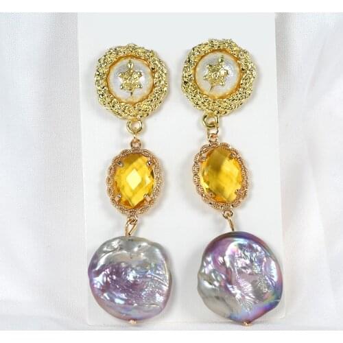 KBJW Original Vintage Baroque Pearl Pendant Earrings Yellow Crystal Fancy Purple Real Pearl Earring Best Earring Gift for Mammy