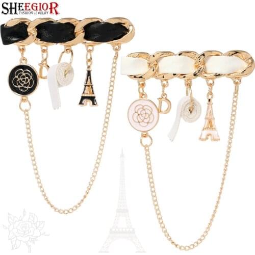 Eiffel Tower Pendant Brooches for Women Accessories Fashion Black White Leather Rope Gold Chains Rose Brooch Pins Men Badge Gift
