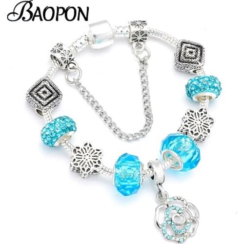Silver Plated Plant Style Rose Pendant Charm Bracelets With Blue Crystal Beads Fit Original Bracelets Bangle For Women Pulsera