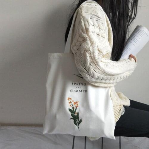 Womens Casual Canvas Shoulder Bag Flowers Printing Shopping Bag Cotton Cloth Lady Handbag Eco Reusable Large Tote Shopper Bags