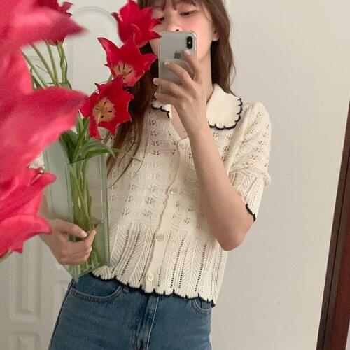 RUGOD 2021 French retro heavy industry hollow crochet doll collar collar short-sleeved sweater women