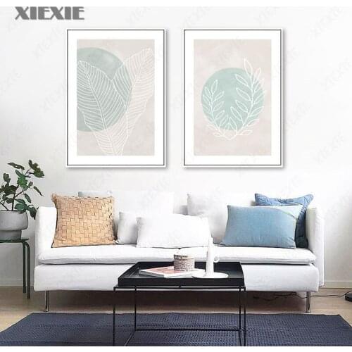 Nordic Blue Watercolor Abstract Canvas Painting Scandinavian Poster Plant Leaf Line Wall Art Print Picture for Living Room Decor