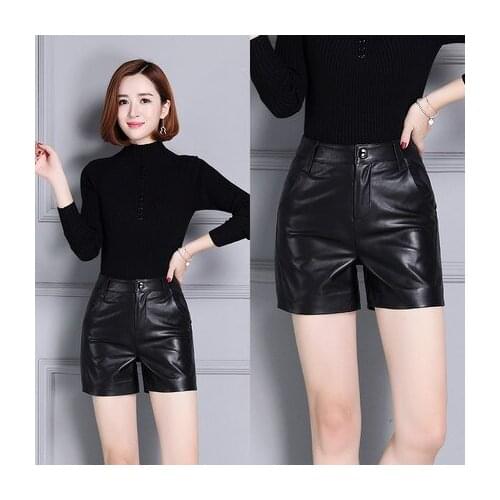 Top brand Sheepskin 2020 New High Waist Slim Wide Leather Shorts KS52 high quality