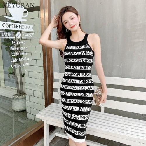 Striped Knitted Letter Print Women Mini Dress Summer 2021 New Halter Sleeveless Camis Vestidos Sexy Slim Waist Bodycon Dress