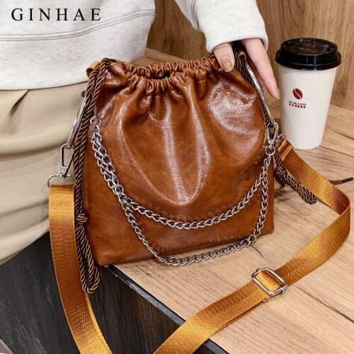 Vintage String Bucket Bag 2020 Autumn Simple Solid Handbag Chains Crossbody Shoulder Bag Retro Soft Leather Small Bags For Women